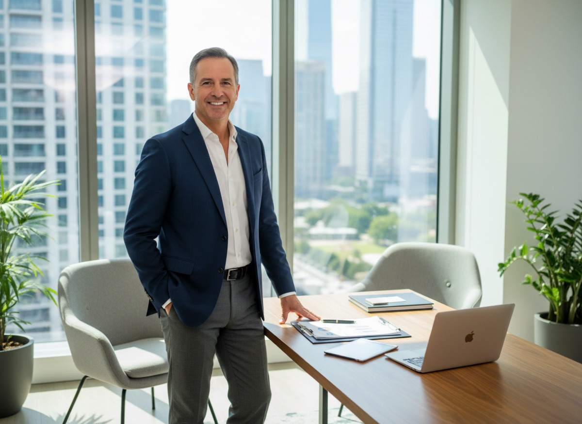 A confident business owner standing in his bright, sunlit office with a city skyline behind him