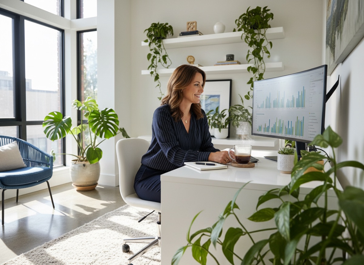 A professional woman working at her desk in a bright, plant-filled home office with charts on a large monitor