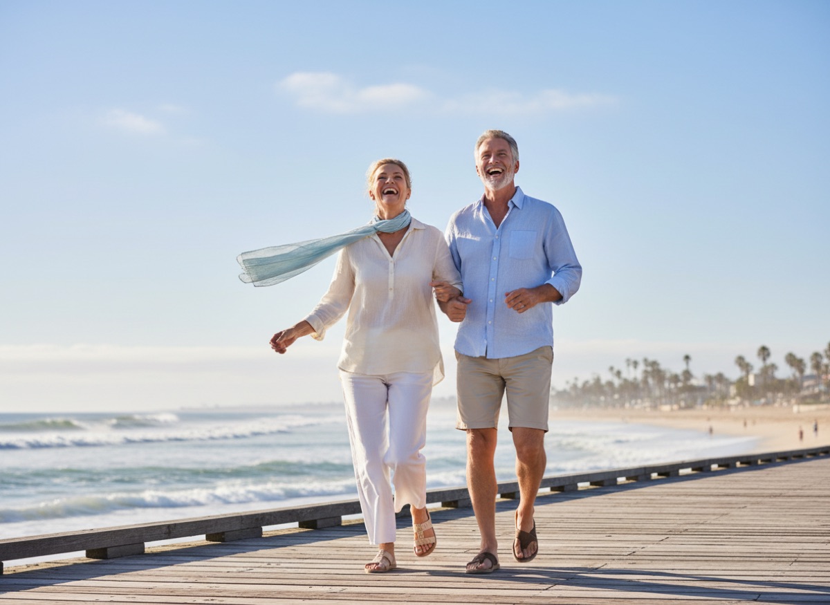 A joyful couple in their early sixties laughing as they stroll along a sunny beachside boardwalk